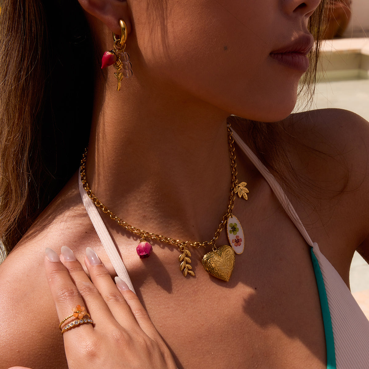 Romantic Heart & Floral Charm Necklace