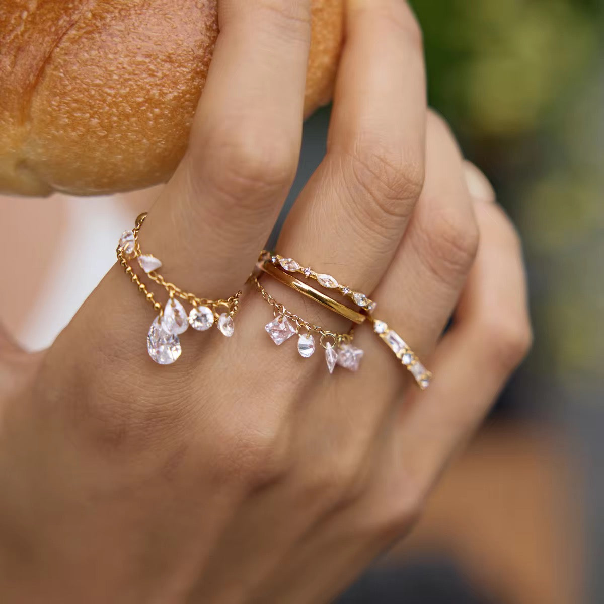 Crystal Charm Chain Ring