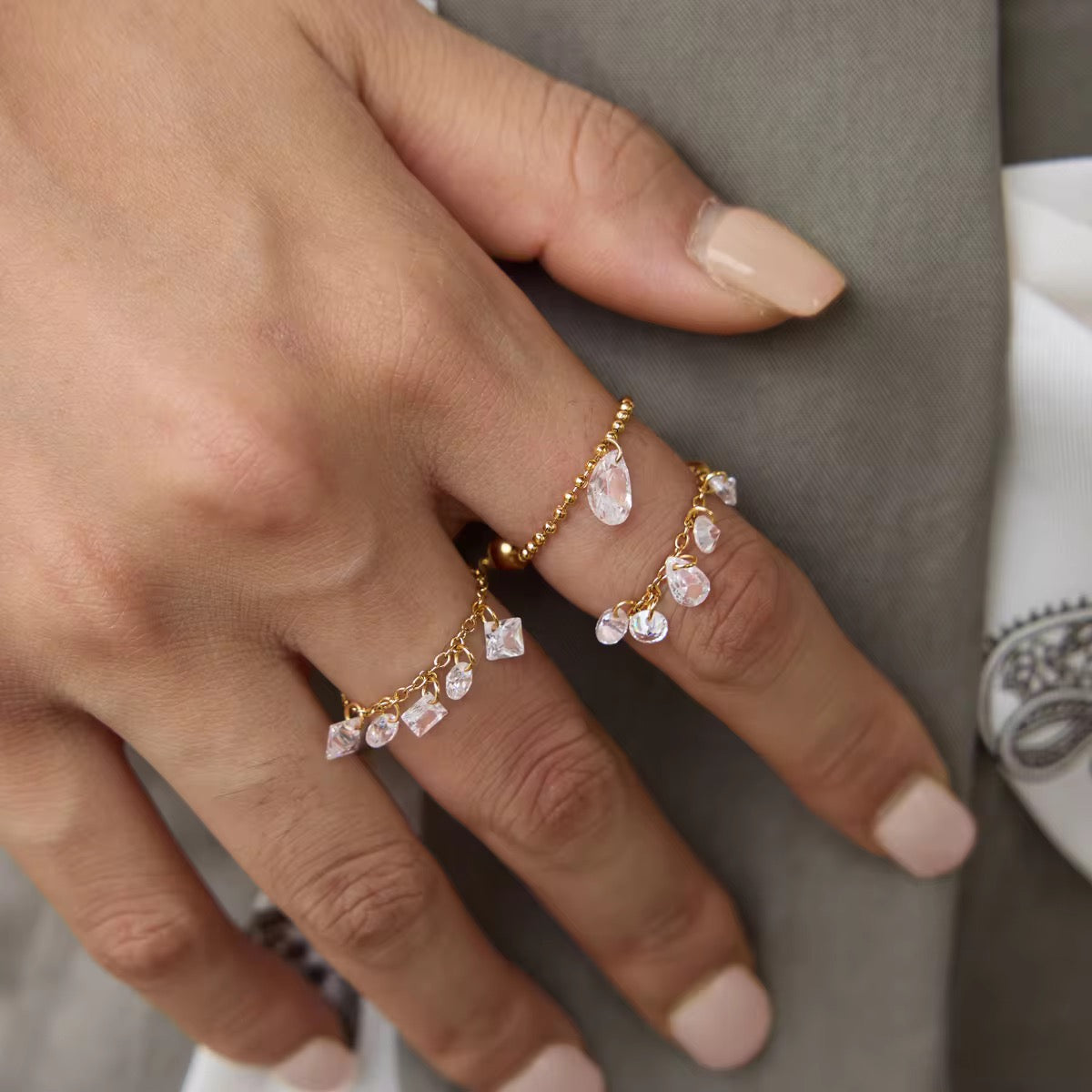 Crystal Charm Chain Ring