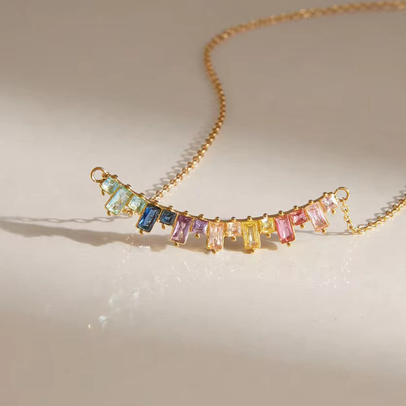 Rainbow Gemstone Bar Necklace