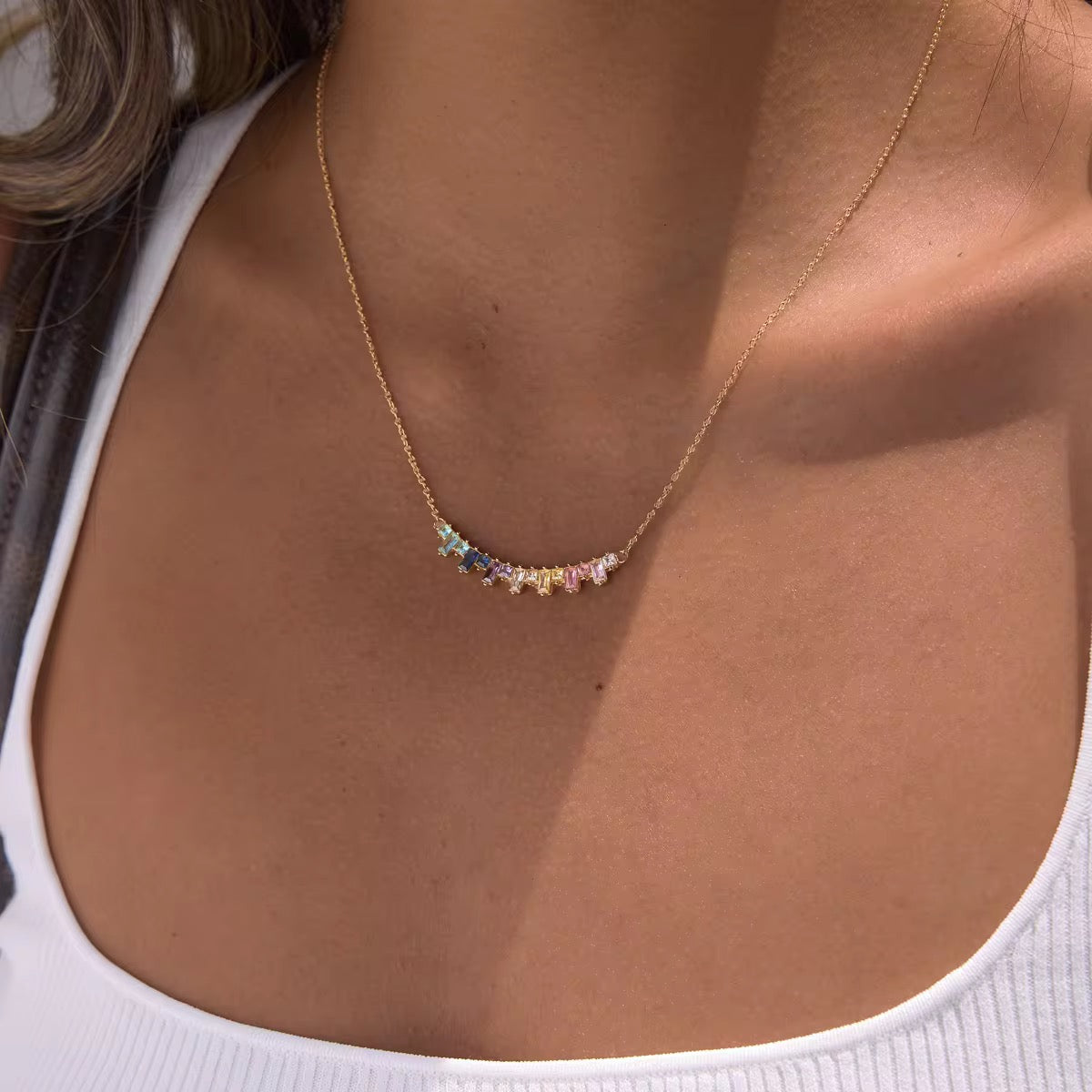 Rainbow Gemstone Bar Necklace