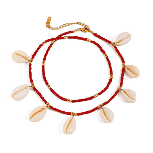 Tidal Red Cowrie Bead Ankelets