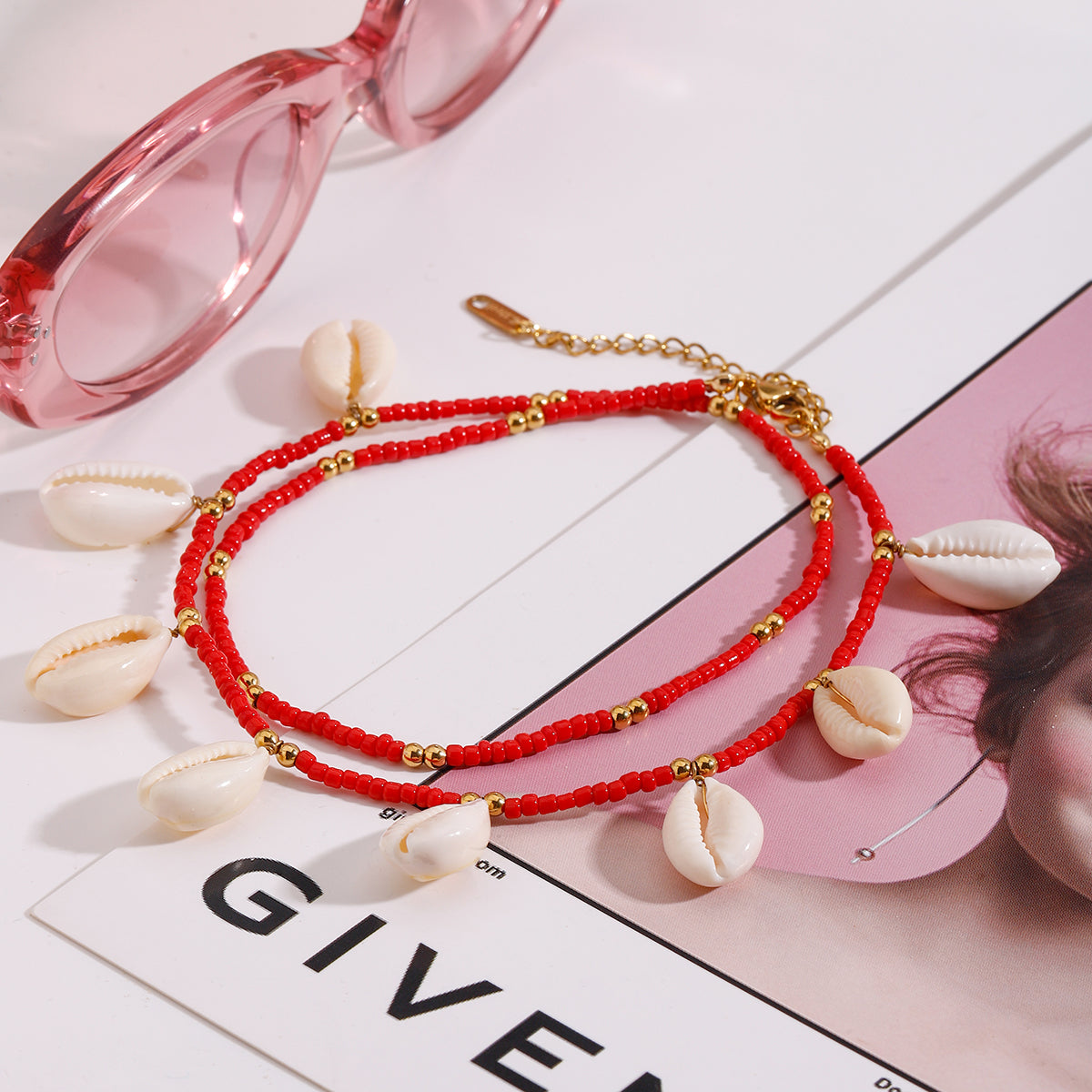 Tidal Red Cowrie Bead Ankelets