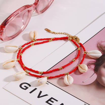 Tidal Red Cowrie Bead Ankelets