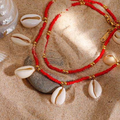 Tidal Red Cowrie Bead Ankelets