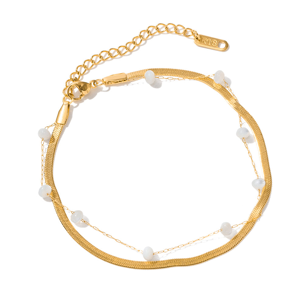 Gold Herringbone Layered Bracelet with White Beads