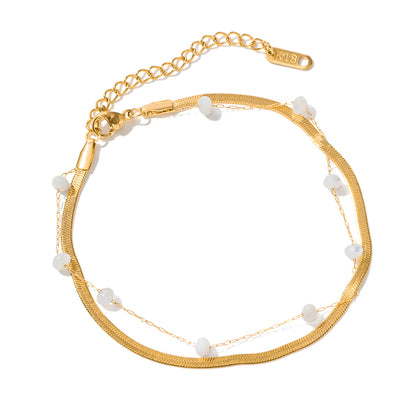 Gold Herringbone Layered Bracelet with White Beads
