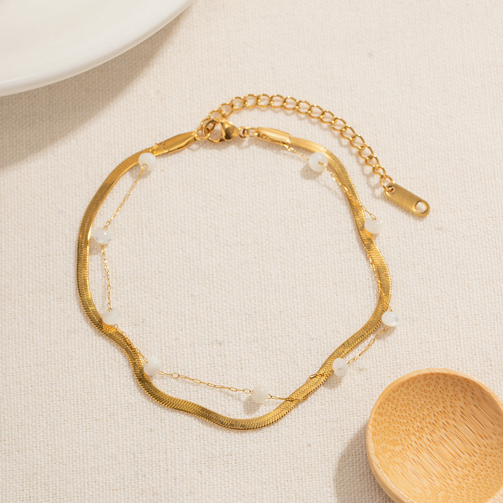 Gold Herringbone Layered Bracelet with White Beads