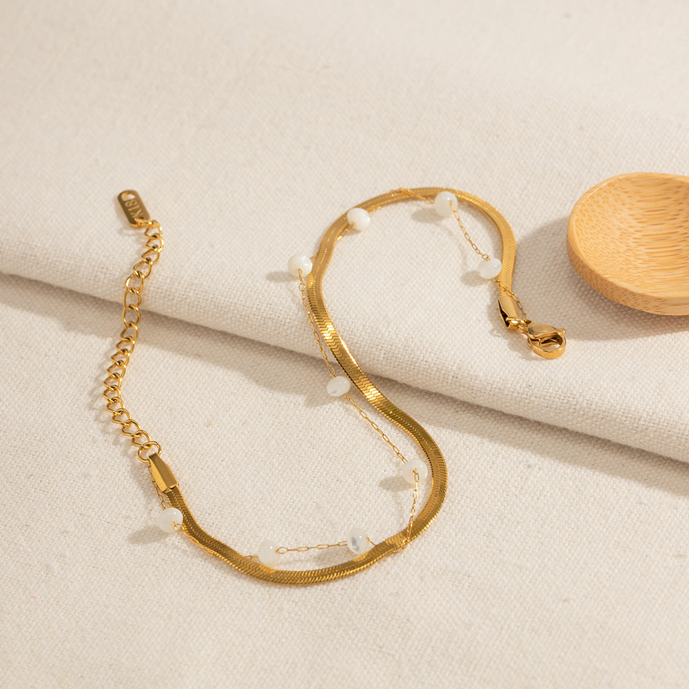 Gold Herringbone Layered Bracelet with White Beads