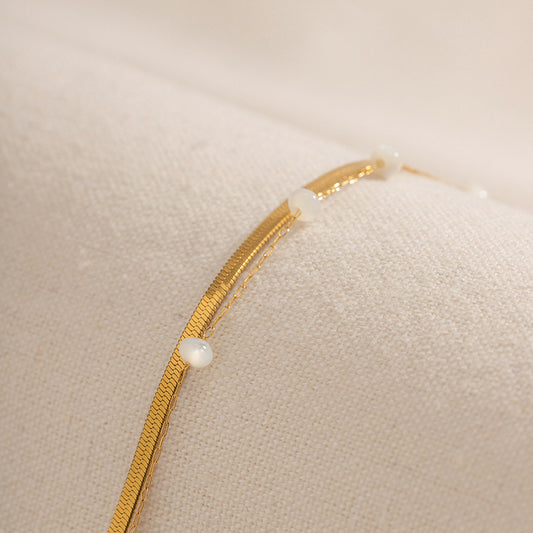 Gold Herringbone Layered Bracelet with White Beads