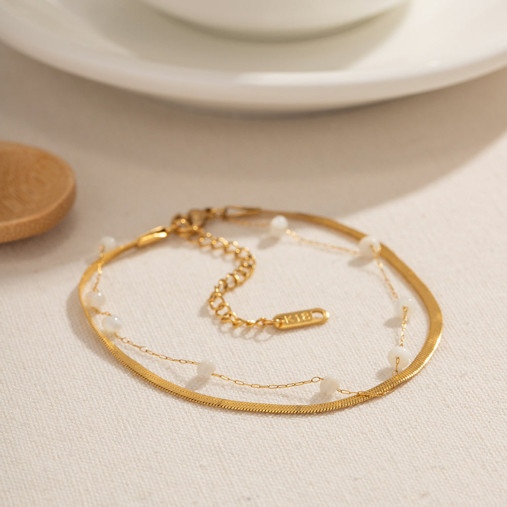 Gold Herringbone Layered Bracelet with White Beads