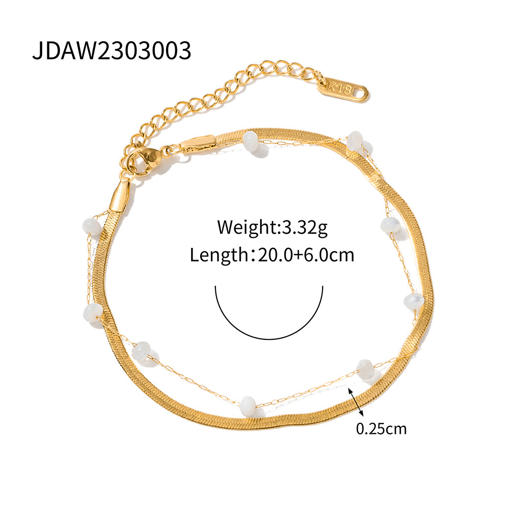 Gold Herringbone Layered Bracelet with White Beads