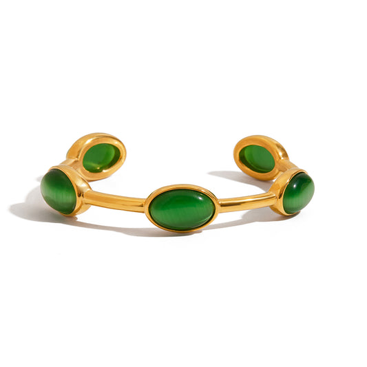 Gold Green Stone Open Cuff Bracelet