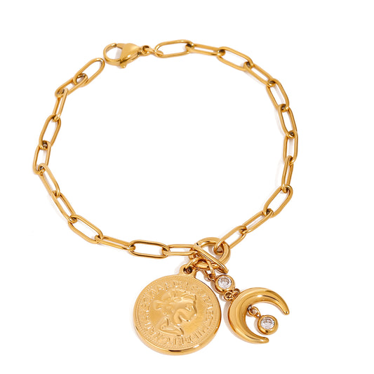 Coin & Crescent Charm Paperclip Bracelet