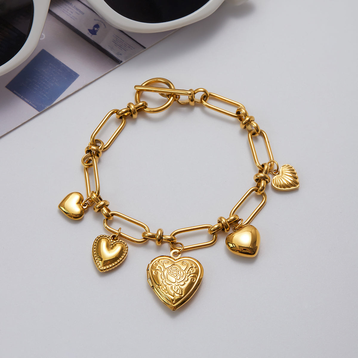 Gold Heart Toggle Charm Bracelet