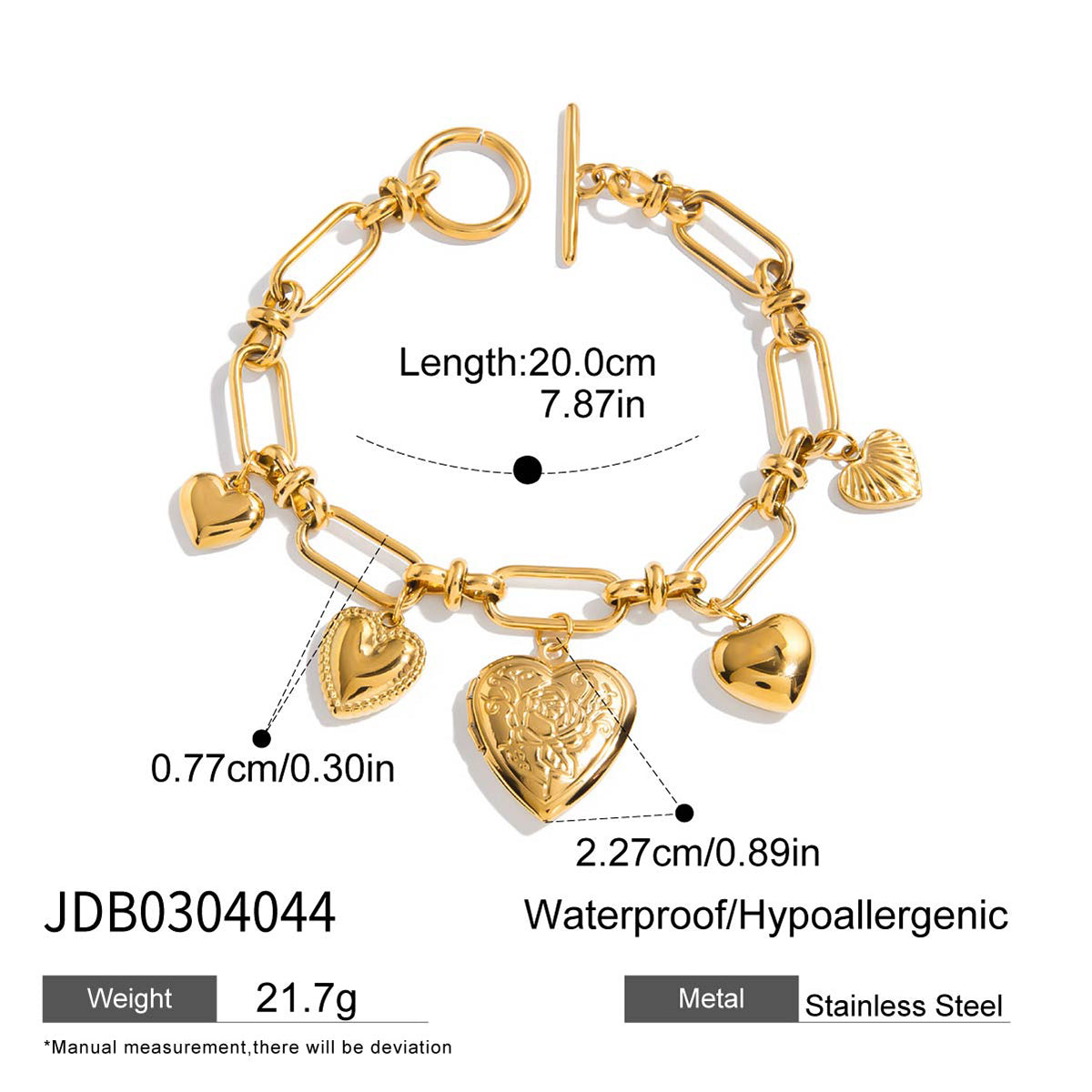 Gold Heart Toggle Charm Bracelet