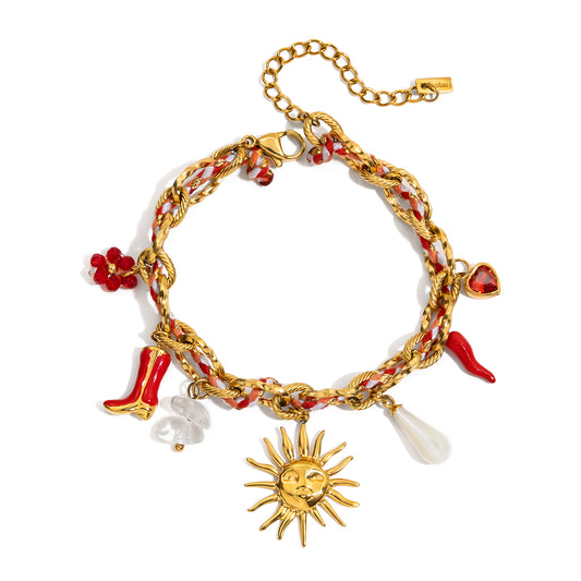 Gold Rope Charm Bracelet with Sun & Chili