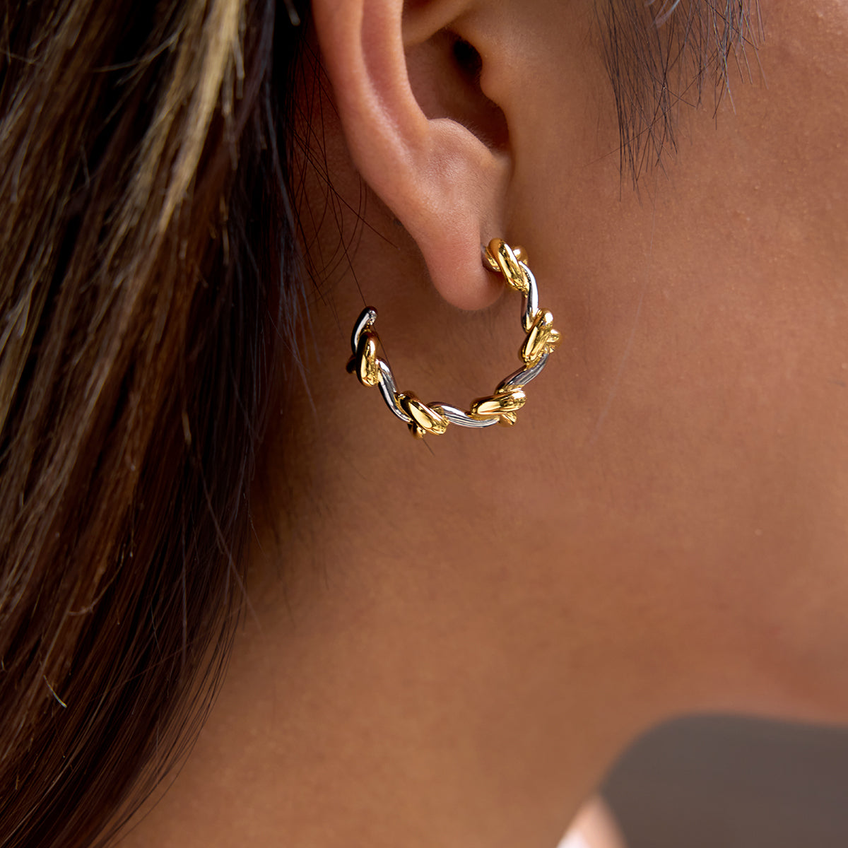 Two‑Tone Knot Hoop Earrings