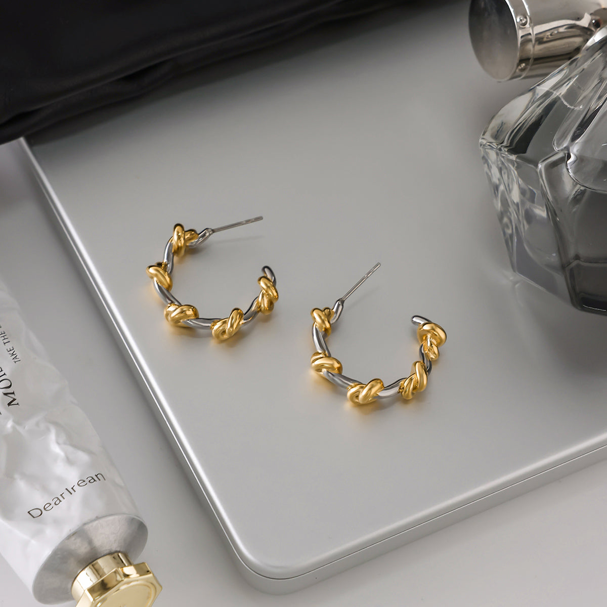 Two‑Tone Knot Hoop Earrings