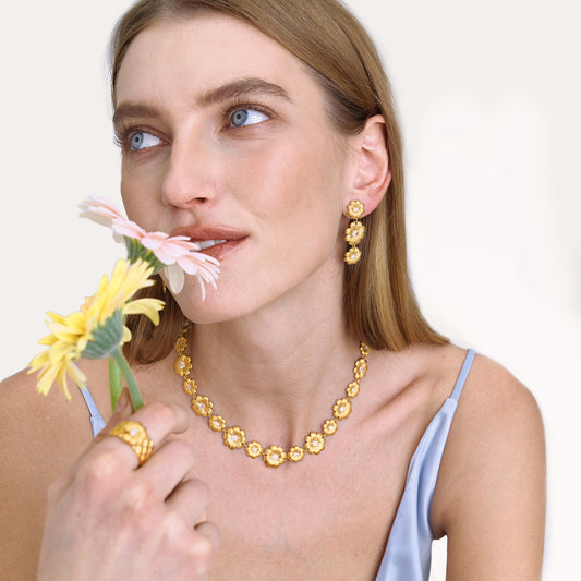 Golden Dahlia Blossom Collar Necklace