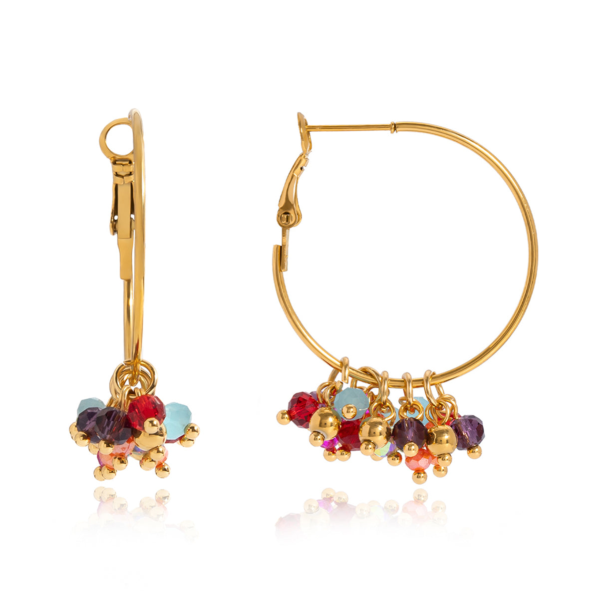 Gold Hoop Earrings with Color Bead Charms