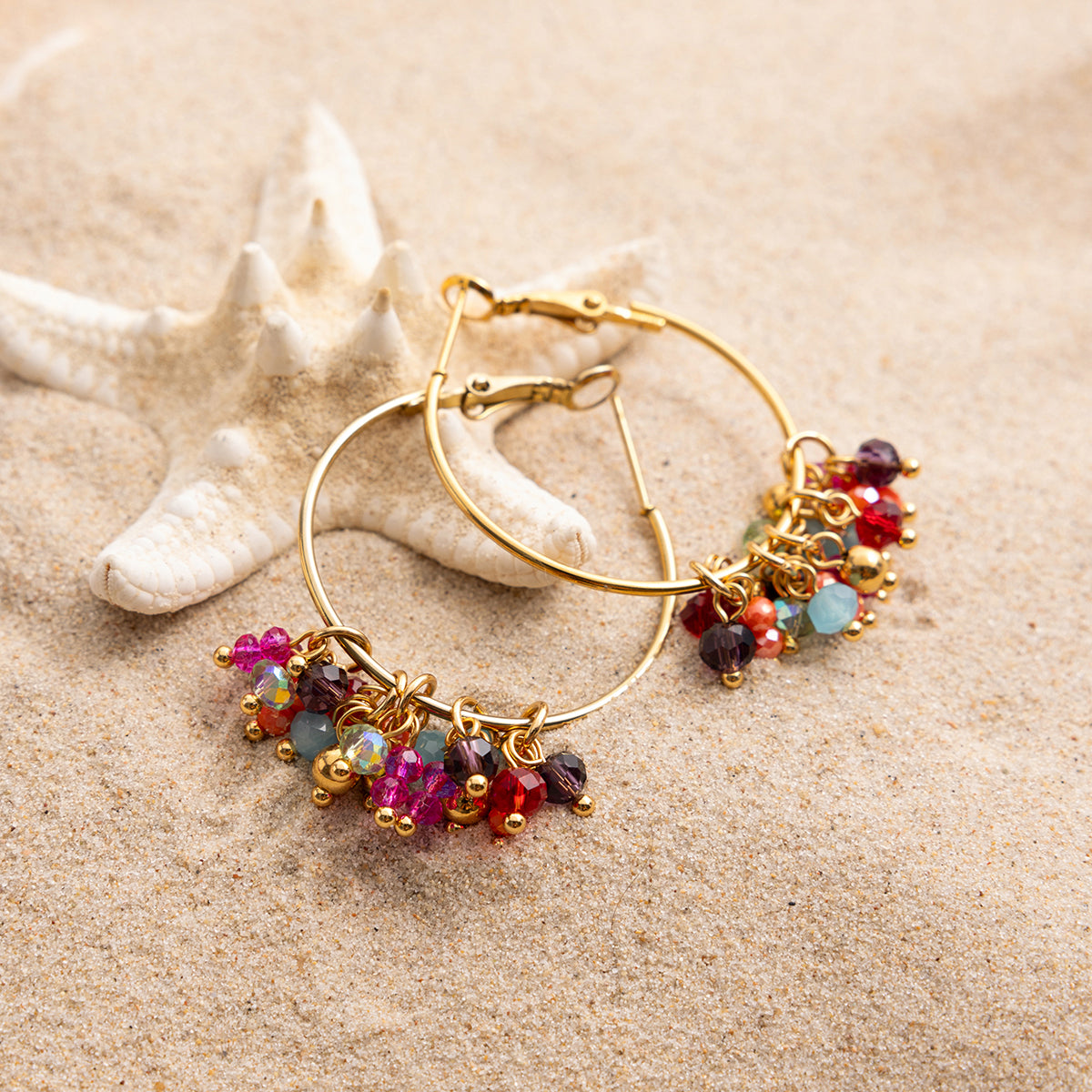 Gold Hoop Earrings with Color Bead Charms