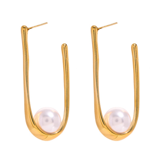 Long Gold U-Shaped Pearl Earrings