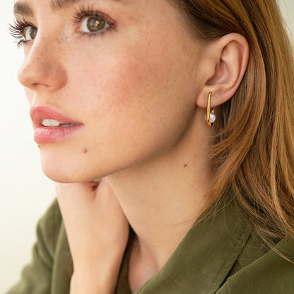 Modern Gold Hoop Pearl Earrings