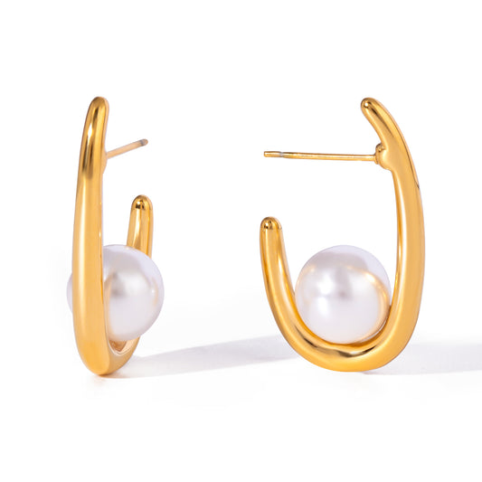 Modern Gold Hoop Pearl Earrings
