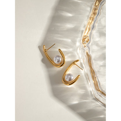 Modern Gold Hoop Pearl Earrings