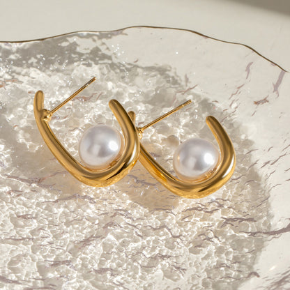 Modern Gold Hoop Pearl Earrings