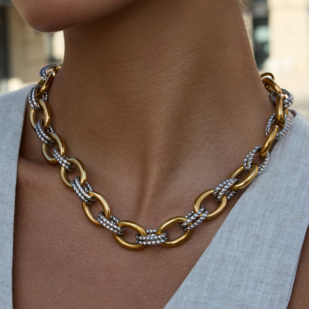 Two‑Tone Chunky Necklace – Gold & Silver Rope Link