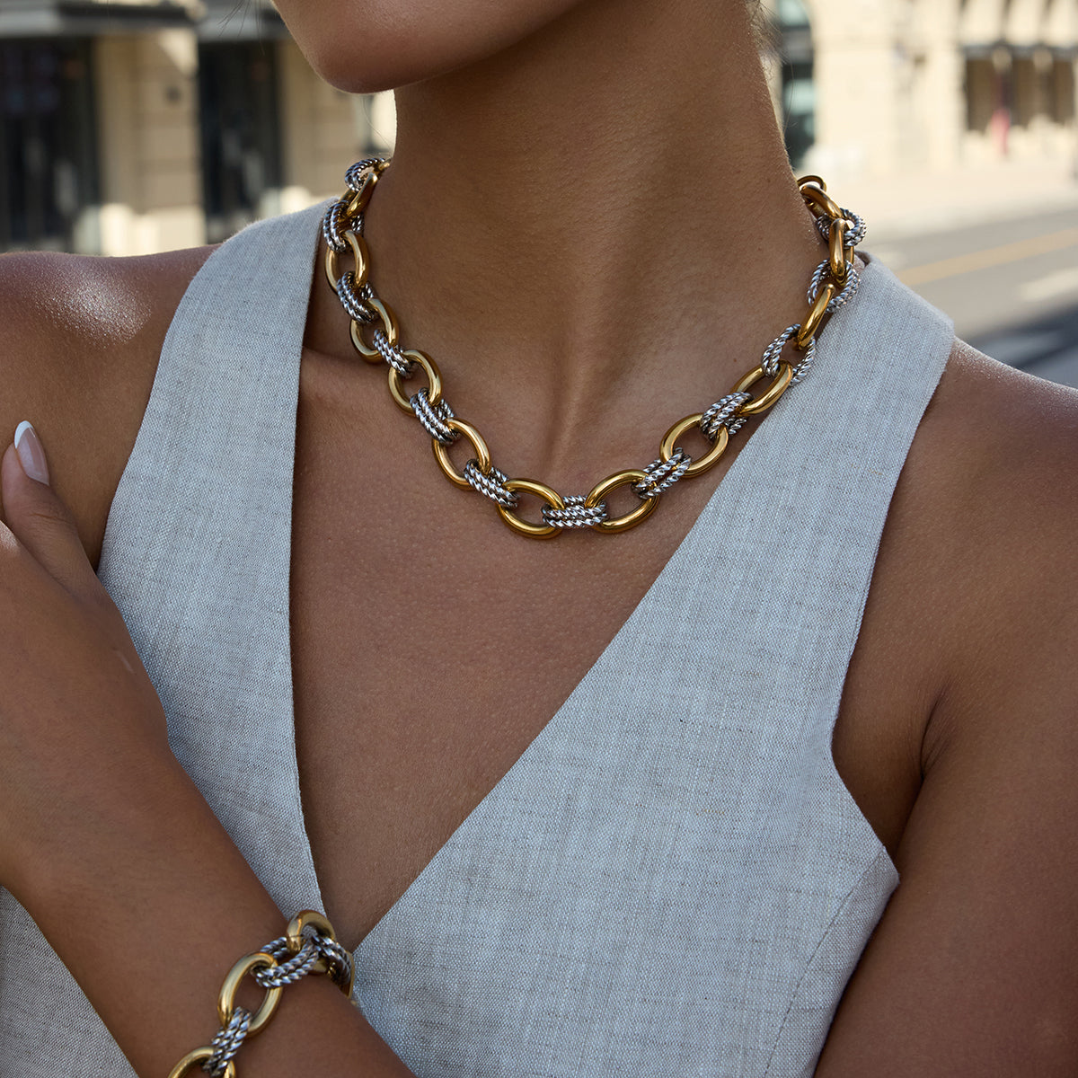 Two‑Tone Chunky Necklace – Gold & Silver Rope Link