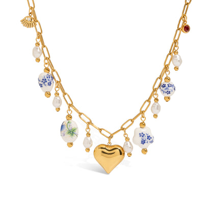 Gold Heart & Porcelain Charm Necklace