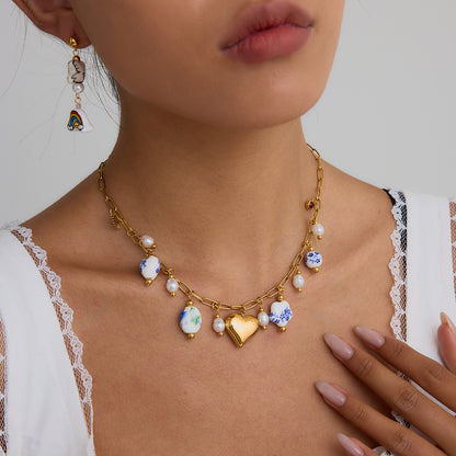 Gold Heart & Porcelain Charm Necklace