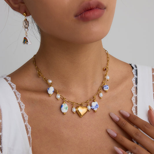 Gold Heart & Porcelain Charm Necklace