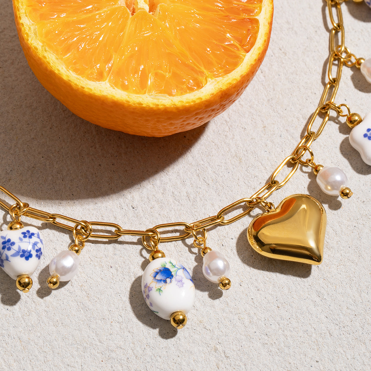 Gold Heart & Porcelain Charm Necklace