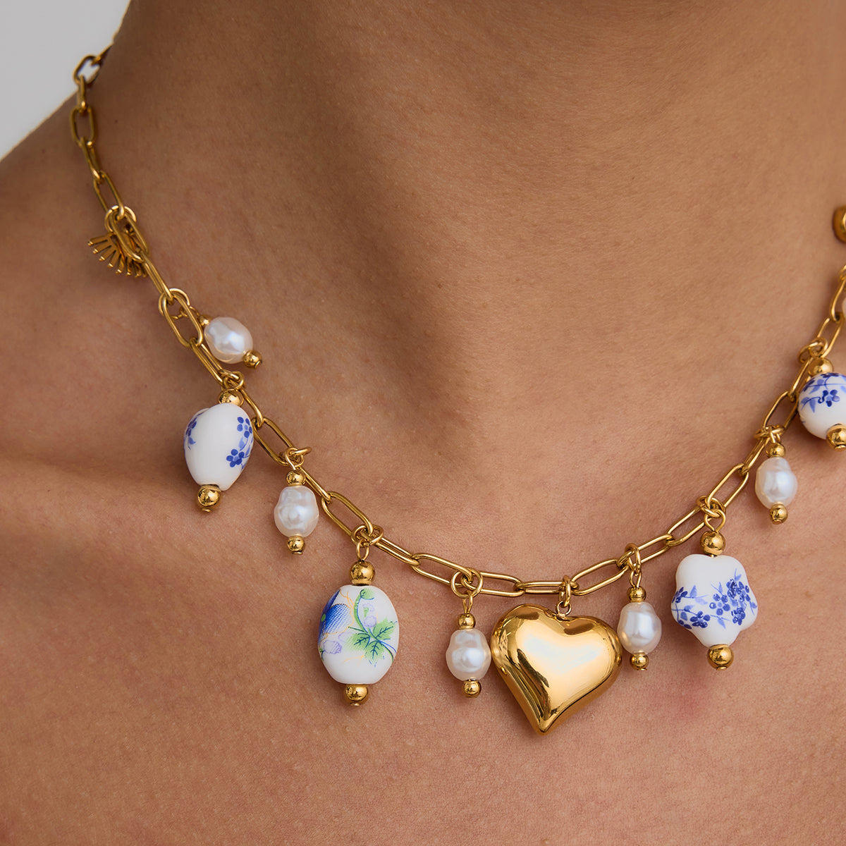 Gold Heart & Porcelain Charm Necklace