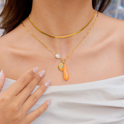 Sun Coin & Coral Drop Necklace