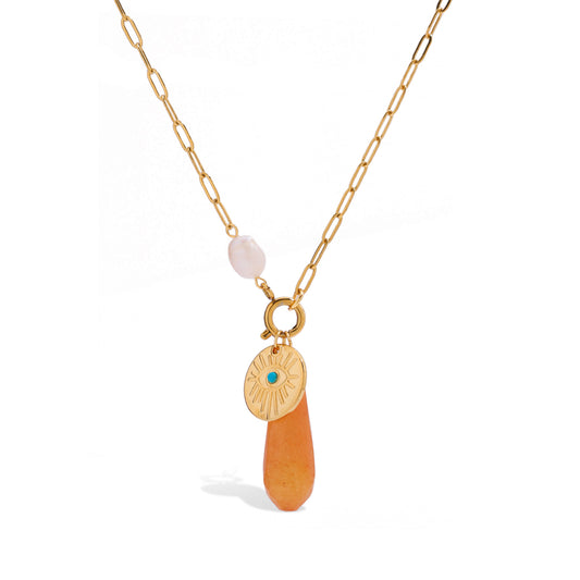 Sun Coin & Coral Drop Necklace