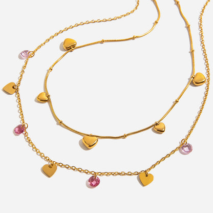 Pink Crystal Heart Charm Necklace