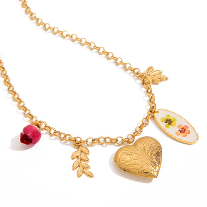 Romantic Heart & Floral Charm Necklace