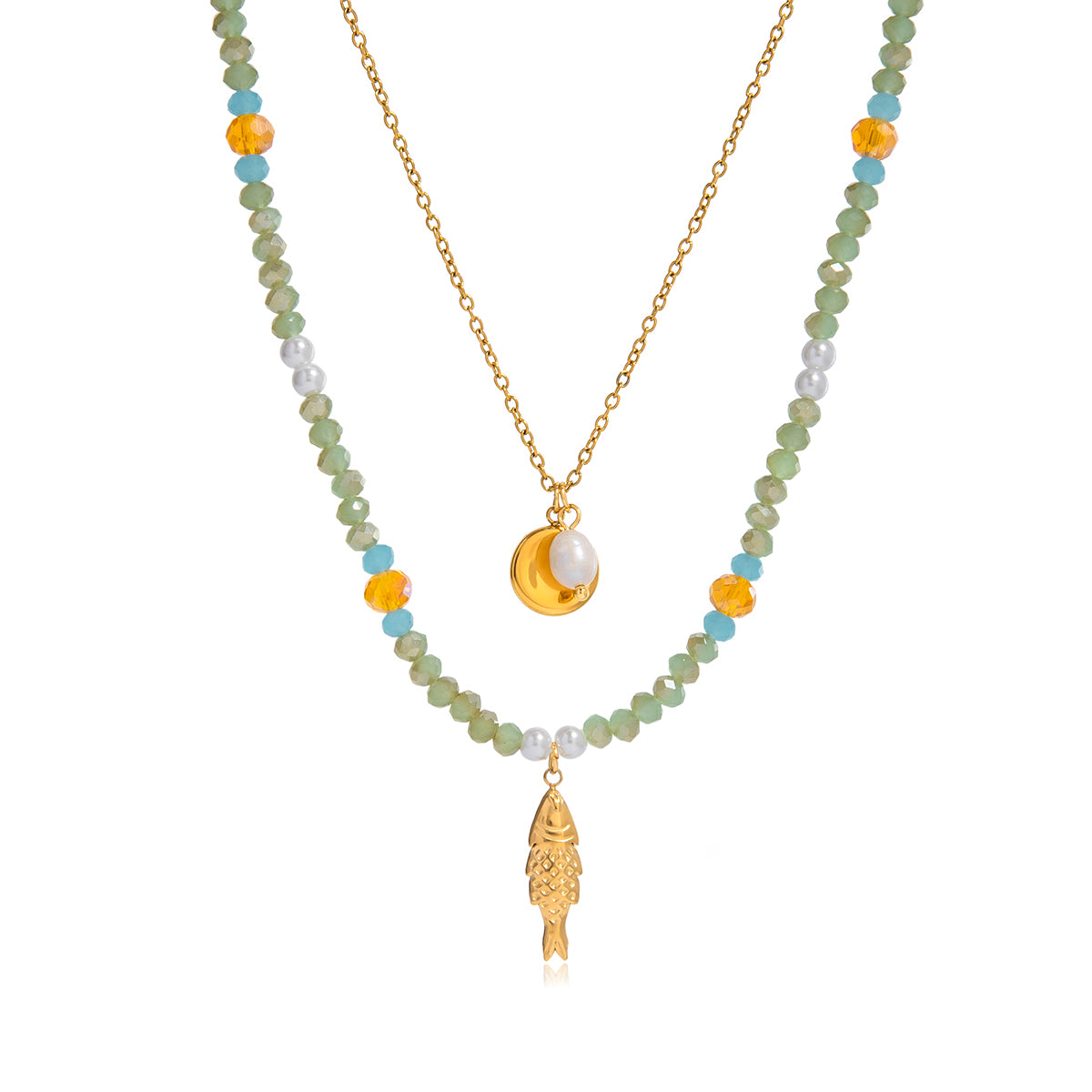 Layered Green Beaded Charm Necklace