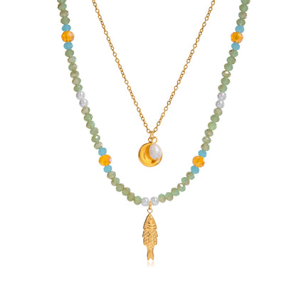 Layered Green Beaded Charm Necklace