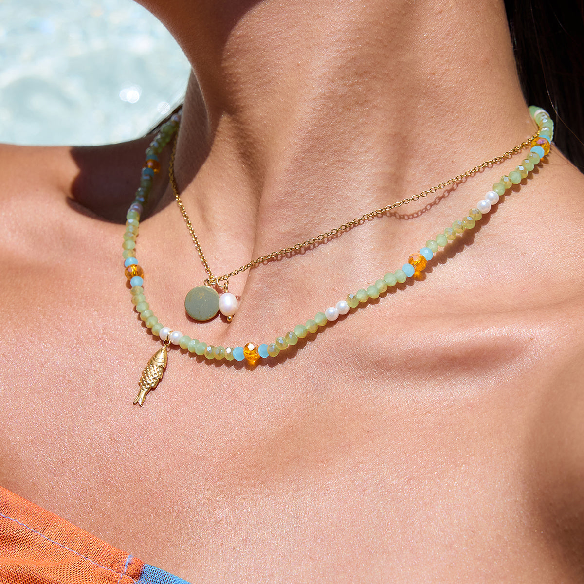Layered Green Beaded Charm Necklace