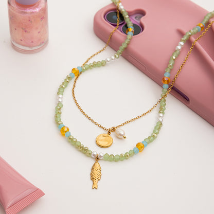 Layered Green Beaded Charm Necklace