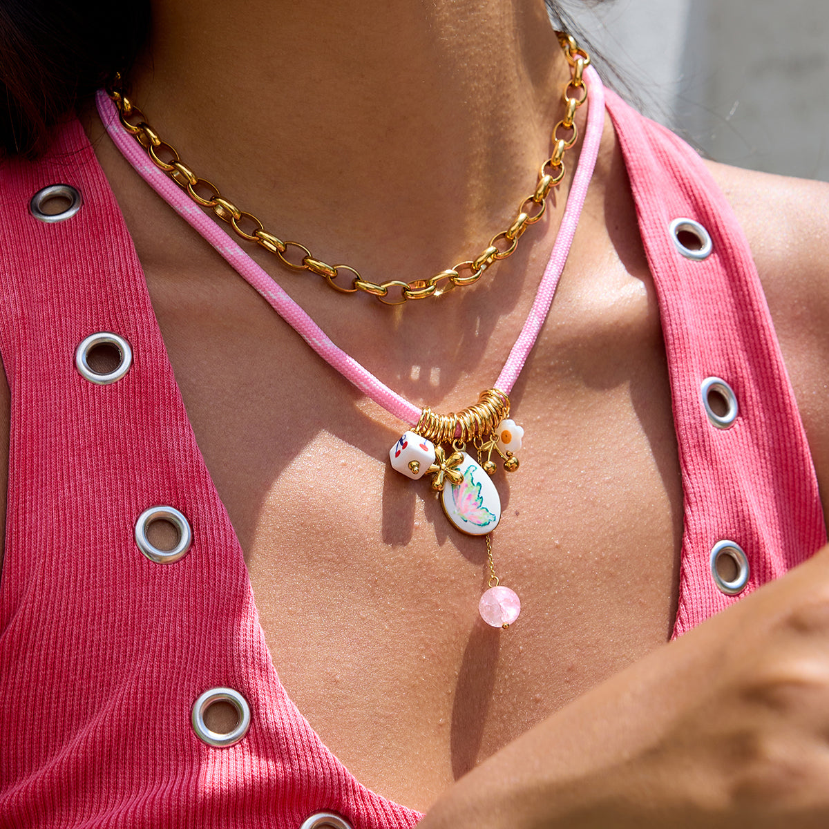 Pink Charm Cord Necklace