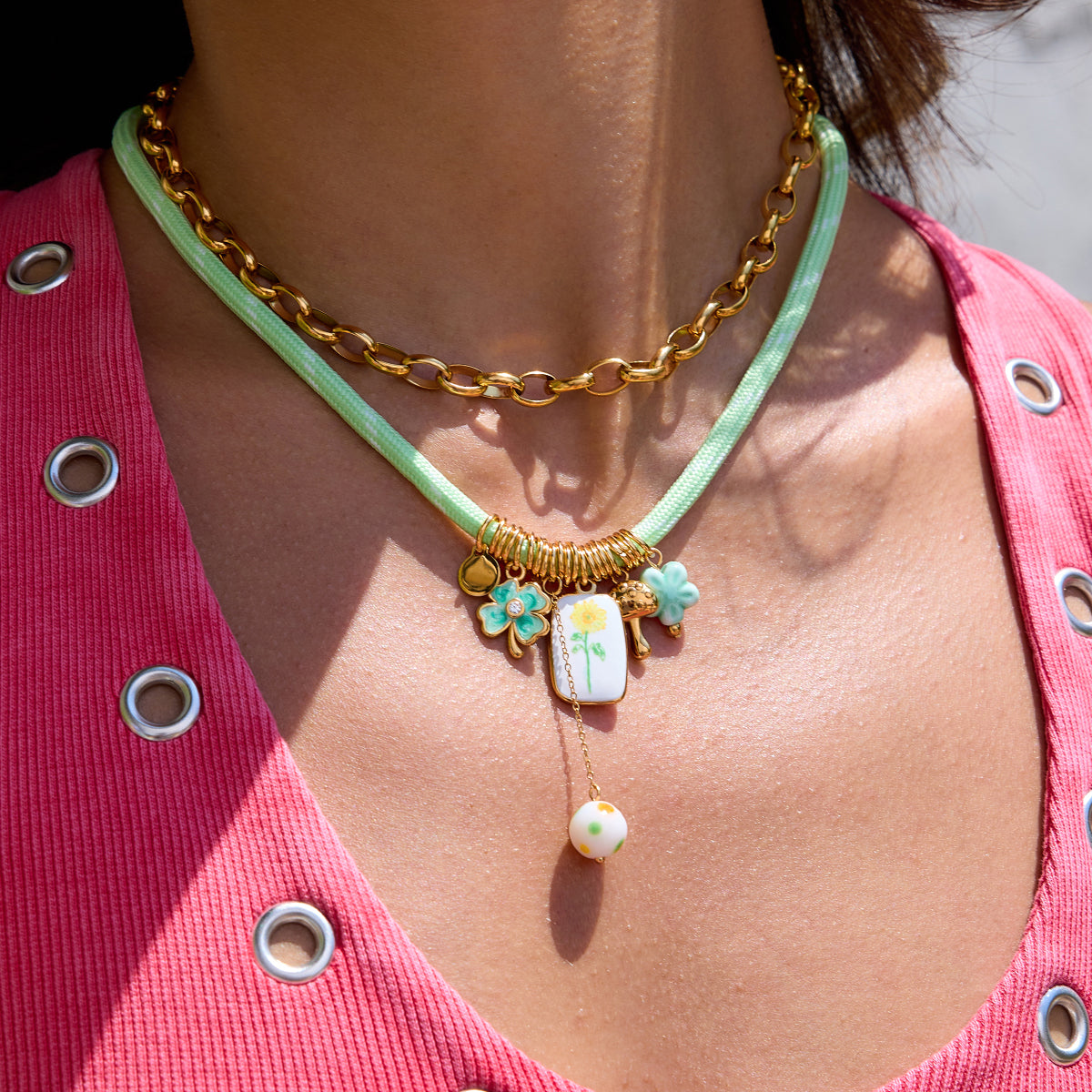 Pastel Green Charm Cord Necklace
