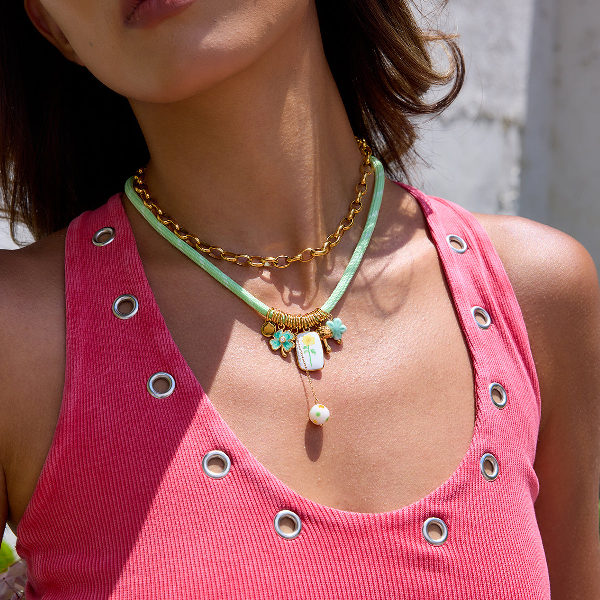 Pastel Green Charm Cord Necklace