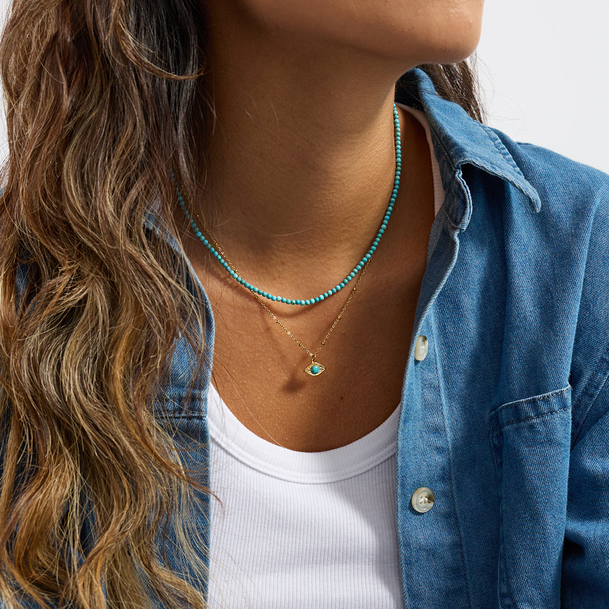 Turquoise Layered Necklace Set – Beaded Choker + Evil Eye Pendant